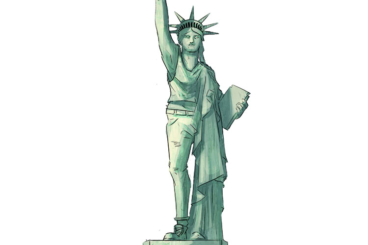The Statue of Liberty had changed for all (liberal) to see - one half of her clothing was traditional robes, but the other half was a more modern view of what a person should wear